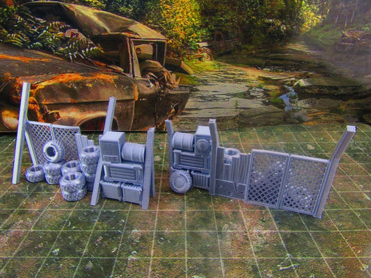 2pc Junk Wall Settlement Barricade w/ Tires  E Scatter Terrain Scenery Wasteland