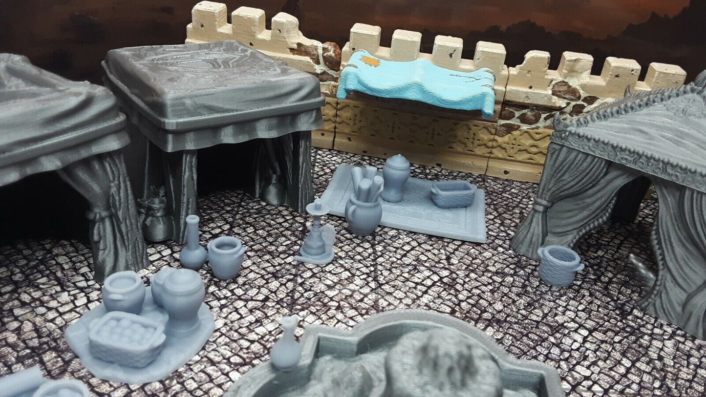 32 Piece Large Street Market Bazaar Set Scatter Terrain Tabletop Gaming Scenery