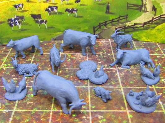 12pc Farm Animals Livestock Set Cows Chickens Goats Mini Miniature 3D Printed