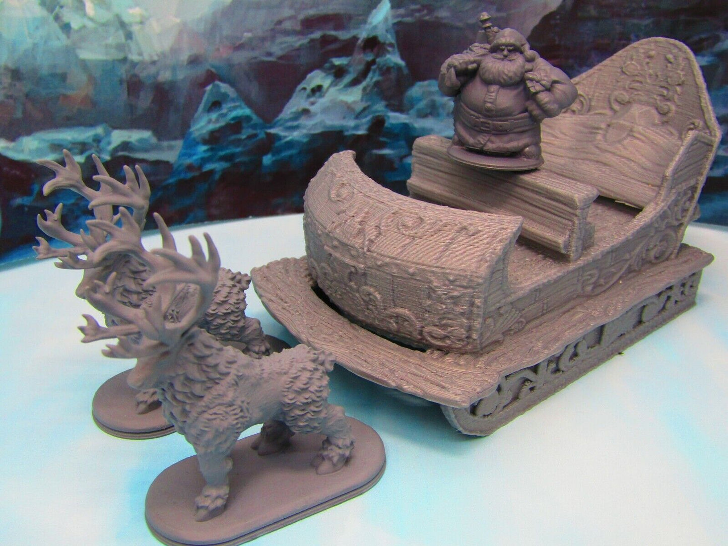 Dwarven Santa Mini & Sleigh w/ Reindeer 28mm Scatter Terrain Scenery Decoration