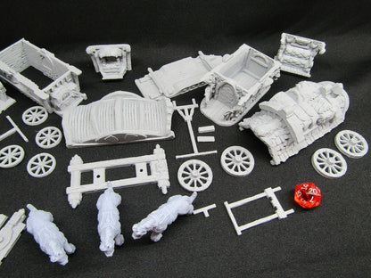 3 World Traveler Wagons Caravan and Horses Miniature Mini 3D Printed Model