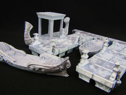 Stone Boating Docks Pier & 3 Ships Scatter Terrain Scenery 3D Printed Mini