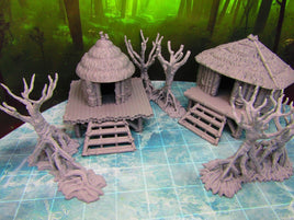 11pc Swamp / Marsh Huts and Trees Set Scatter Terrain Scenery 3D Printed Model