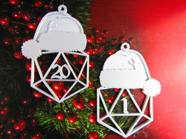 Pair of D20 20 Sided Die Dice w/ Hat Christmas Tree Ornament Holiday Decoration