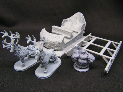 Dwarven Santa Mini & Sleigh w/ Reindeer 28mm Scatter Terrain Scenery Decoration