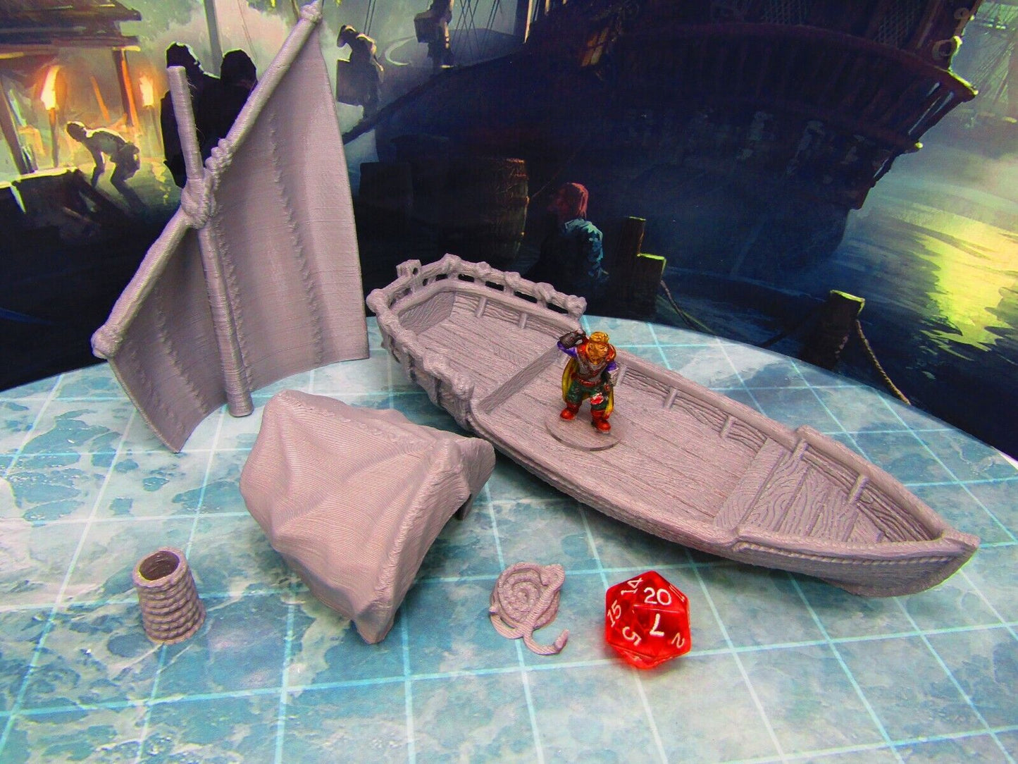 Skiff Ship Sail Boat w/ Shelter Scatter Terrain Scenery 3D Printed Model 28/32mm