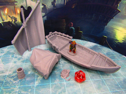 Skiff Ship Sail Boat w/ Shelter Scatter Terrain Scenery 3D Printed Model 28/32mm