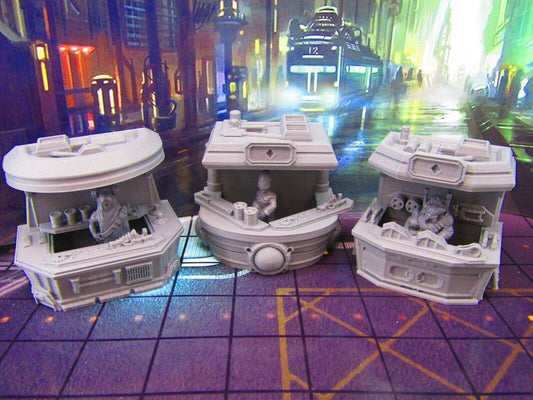 15pc Set of 3 Sci Fi Black Market Stalls, Wares, & Merchants Miniatures Mini Set