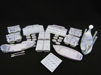 Stone Boating Docks Pier & 3 Ships Scatter Terrain Scenery 3D Printed Mini