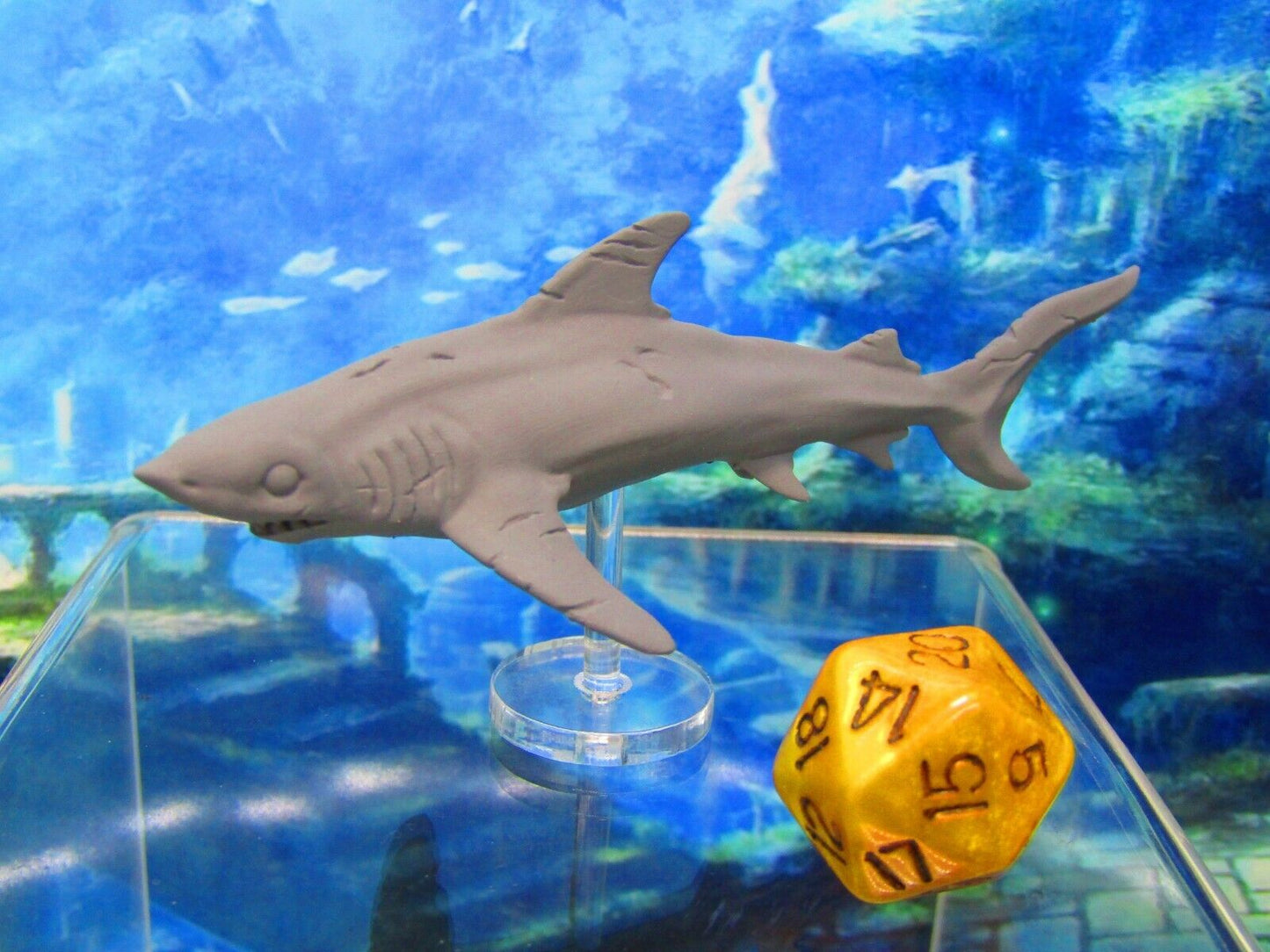 Scarred Battleworn Underwater Shark With Rod & Stand Mini Miniature 3D Printed