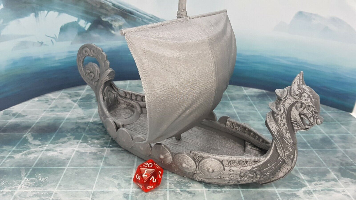 5 Viking Minis Figures and Viking Barbarian Long Ship Sail Boat Scatter Terrain