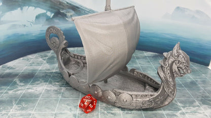 5 Viking Minis Figures and Viking Barbarian Long Ship Sail Boat Scatter Terrain