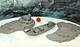 7 Piece Fisherman's Boat, Cargo, and Floating Ice Shelf Set Scatter Terrain D&D