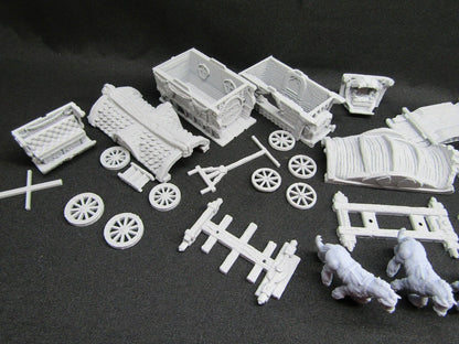 3 World Traveler Wagons Caravan and Horses Miniature Mini 3D Printed Model