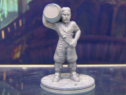 Mustached Human Pirate Crewman w/ Barrel Figure 3D Printed Model 28/32mm Scale