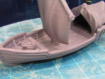 Skiff Ship Sail Boat w/ Shelter Scatter Terrain Scenery 3D Printed Model 28/32mm