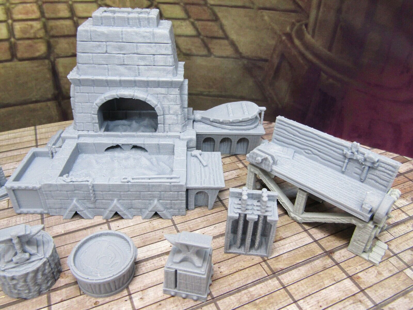 7 Piece Blacksmith's Forge and Workshop Set Miniature Scenery Terrain 3D Printed