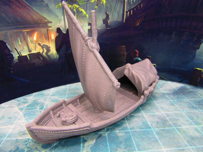 Skiff Ship Sail Boat w/ Shelter Scatter Terrain Scenery 3D Printed Model 28/32mm