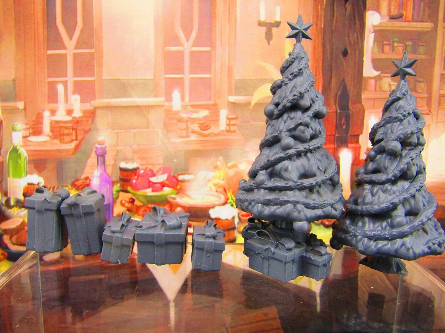 7pc Christmas Tree Pair w/ 5 Gifts Set Scatter Terrain Scenery Tabletop Gaming