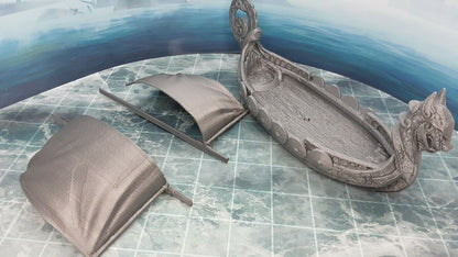 5 Viking Minis Figures and Viking Barbarian Long Ship Sail Boat Scatter Terrain