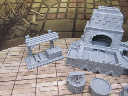 7 Piece Blacksmith's Forge and Workshop Set Miniature Scenery Terrain 3D Printed