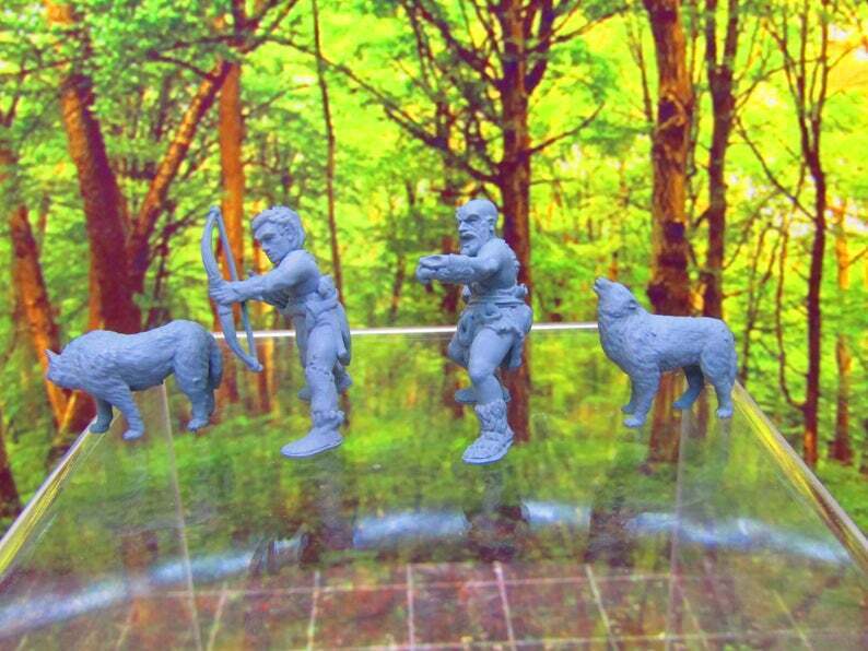 4p Prehistoric Villager Tribe Hunters & Dogs Set Mini Miniature 3D Printed