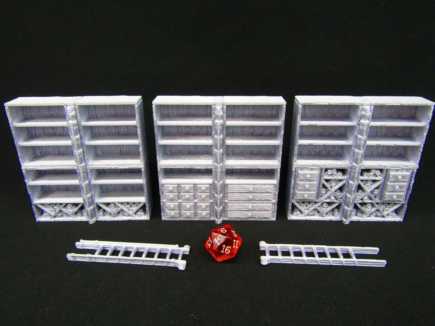 3pc Tall Book Shelves & 2 Ladders Scatter Terrain Scenery 3D Printed Mini
