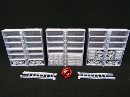 3pc Tall Book Shelves & 2 Ladders Scatter Terrain Scenery 3D Printed Mini