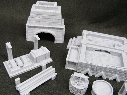 7 Piece Blacksmith's Forge and Workshop Set Miniature Scenery Terrain 3D Printed