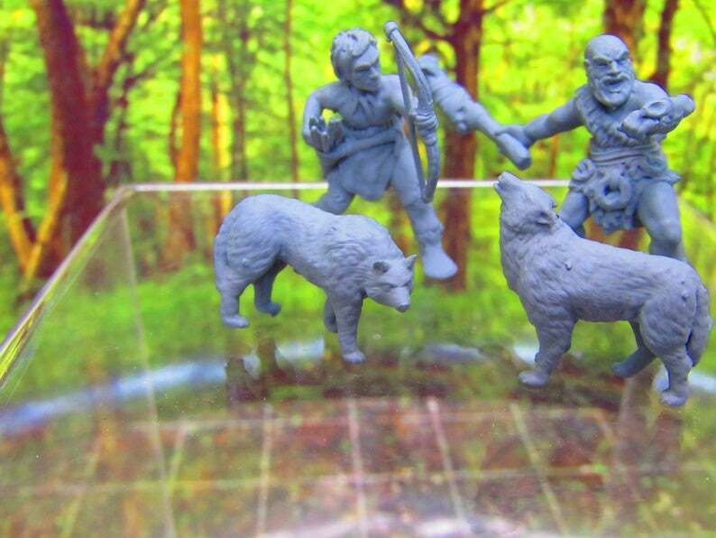 4p Prehistoric Villager Tribe Hunters & Dogs Set Mini Miniature 3D Printed