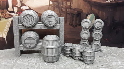 9 Piece Barrels and Casks Shelves 28mm Scale Fantasy Scatter Terrain 3D Printed Model RPG Tabletop Fantasy Games Dungeons & Dragons