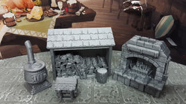 4 Piece Fireplace and Stove with Logs + Shed Set 28mm Scale Fantasy Scatter Terrain for RPG Fantasy Games Dungeons & Dragons 3D Printed