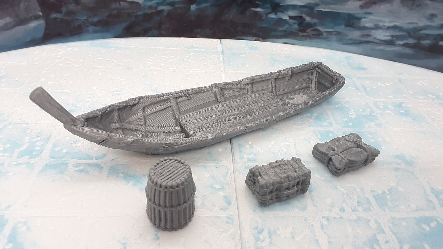 4 Piece Fisherman's Boat and Cargo Scatter Terrain Scenery 28mm Dungeons & Dragons 3D Printed Mini Miniature Model Tabletop War Gaming
