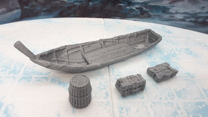 4 Piece Fisherman's Boat and Cargo Scatter Terrain Scenery 28mm Dungeons & Dragons 3D Printed Mini Miniature Model Tabletop War Gaming