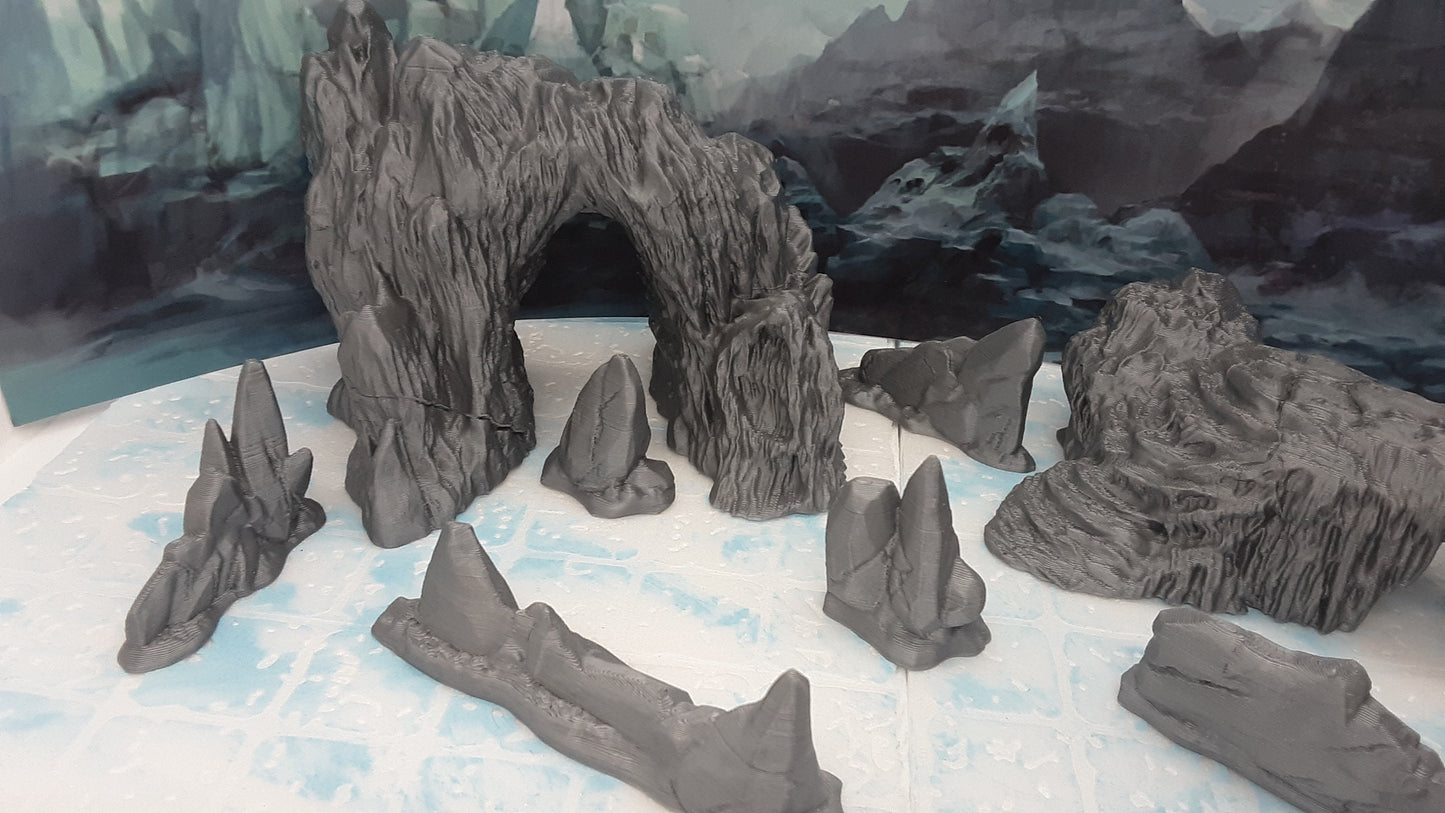 8 Piece Rocky Icy Mountain Scatter Terrain Scenery Set 28mm Dungeons & Dragons 3D Printed Mini Miniature Model Wilds of Wintertide