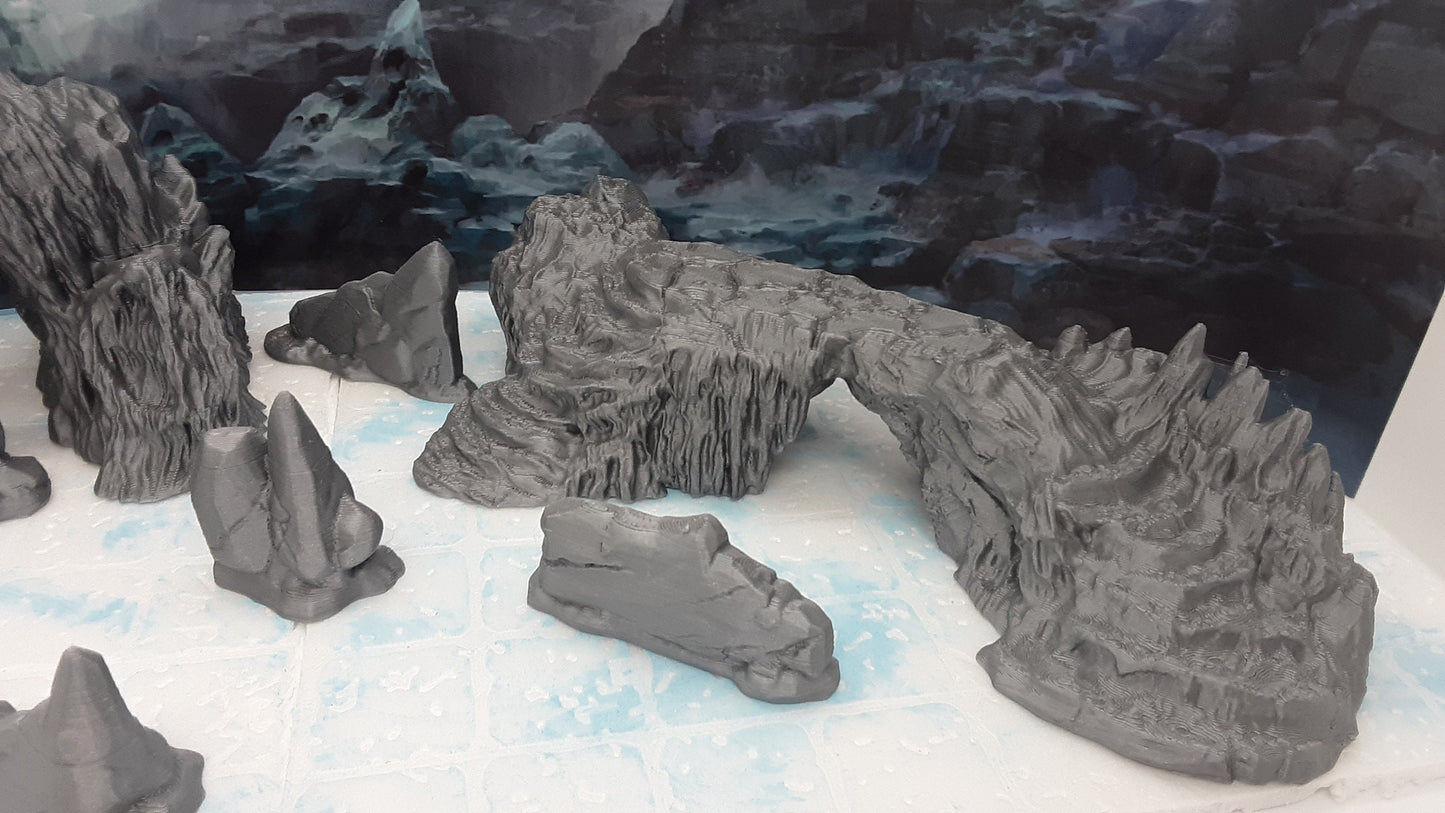 8 Piece Rocky Icy Mountain Scatter Terrain Scenery Set 28mm Dungeons & Dragons 3D Printed Mini Miniature Model Wilds of Wintertide