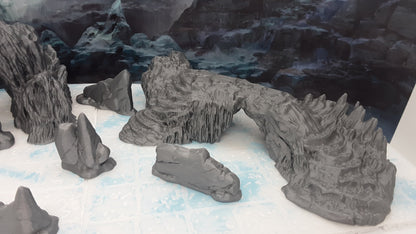 8 Piece Rocky Icy Mountain Scatter Terrain Scenery Set 28mm Dungeons & Dragons 3D Printed Mini Miniature Model Wilds of Wintertide