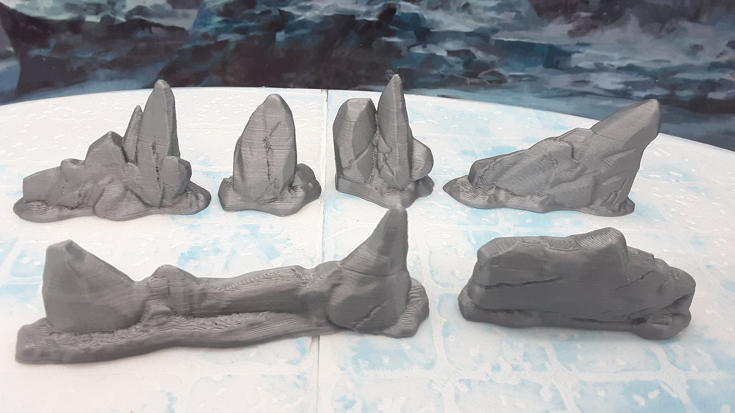 8 Piece Rocky Icy Mountain Scatter Terrain Scenery Set 28mm Dungeons & Dragons 3D Printed Mini Miniature Model Wilds of Wintertide