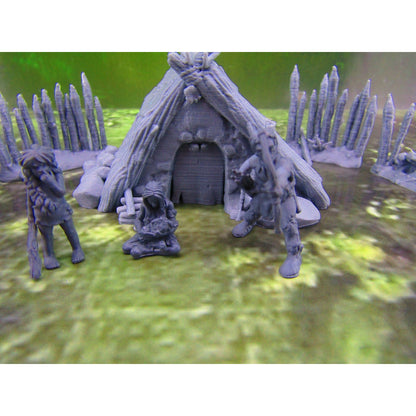 Prehistoric Hut & Fence Sections W/ 3pc Caveman Family Set Scatter Terrain Scenery Mini Miniature Model 28mm/32mm Scale RPG Tabletop Gaming