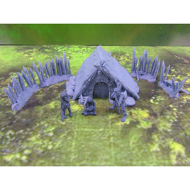 Prehistoric Hut & Fence Sections W/ 3pc Caveman Family Set Scatter Terrain Scenery Mini Miniature Model 28mm/32mm Scale RPG Tabletop Gaming