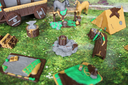 13pc Deluxe Tent Camp Set w/ Horses Wagons Campfire etc. in Color Scatter Terrain Scenery Mini Miniature Tabletop Gaming Wargaming D&D
