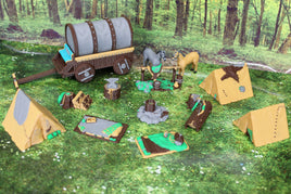 13pc Deluxe Tent Camp Set w/ Horses Wagons Campfire etc. in Color Scatter Terrain Scenery Mini Miniature Tabletop Gaming Wargaming D&D
